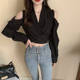 Long Sleeve V-Neck Sexy Off Shoulder Blouse Shirt